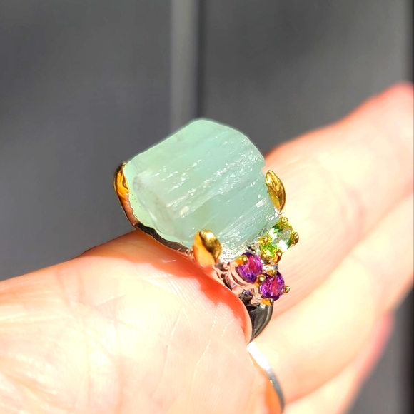 Natural Kharma by Avelon Jewelry - HUGE 30k Aquamarine RAW uncut w/Peridot & Amethyst Sterling &gold ring sz9